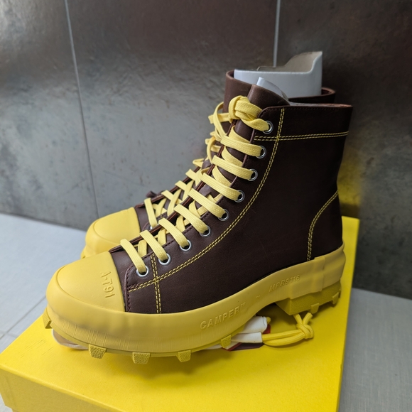 Camper Lace-Up Traktori Leather Lug Sole Boots in Brown and Yellow - Picture 8 of 10